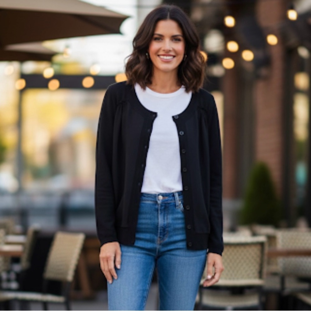Etcetera Ladies Classic Black Button Up Knit Viscous‎ Cardigan Size Medium EUC